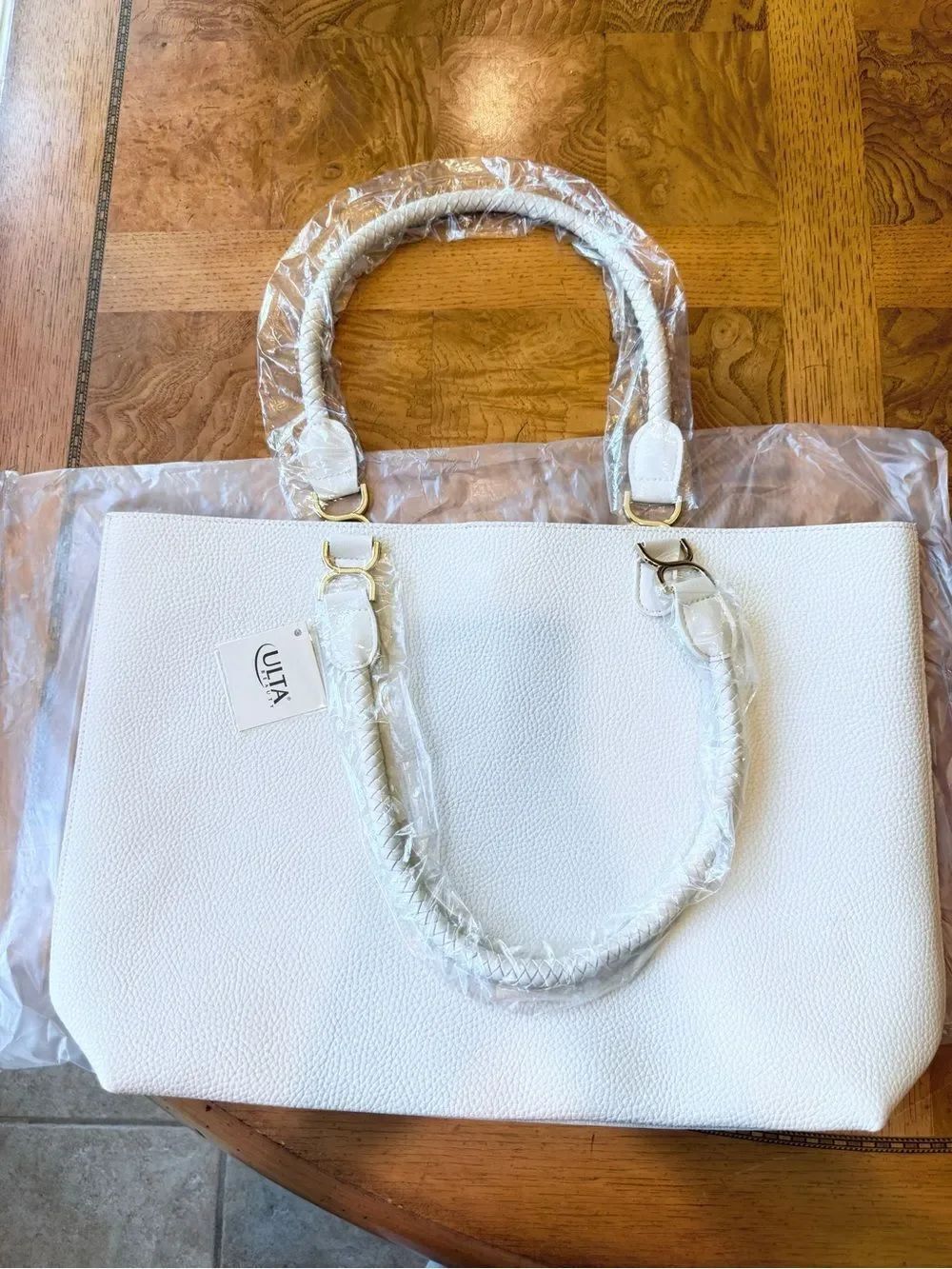 Ulta Beauty White Pebbled Tote with Gold Hardware